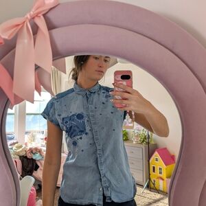 Blue Denim Shirt with Floral Design Size Medium